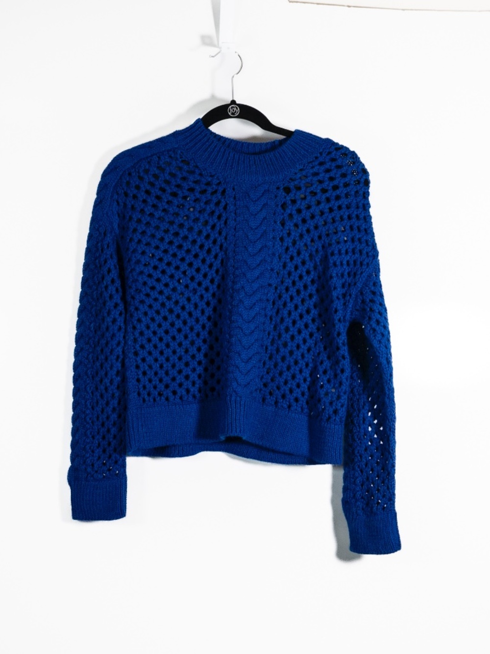 Atelier Delphine Baby Alpaca Loose Crochet Knit Crew Neck Pullover Sweater Blue